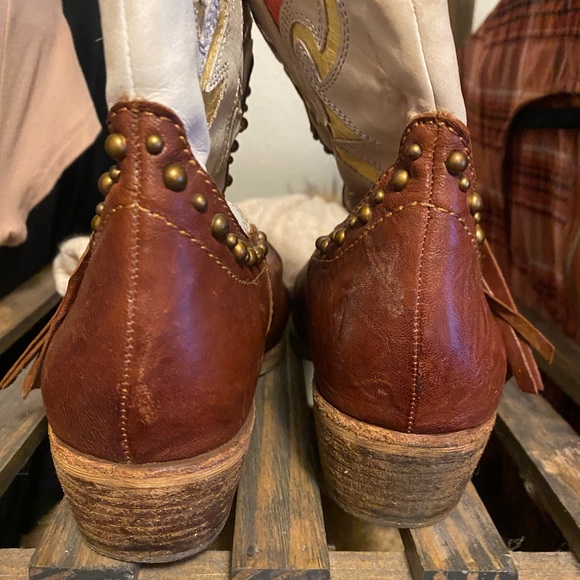 Sam Edelman Yellow Red and Brown Cowboy Boots with Fringe Size 7 - Picture 3 of 5